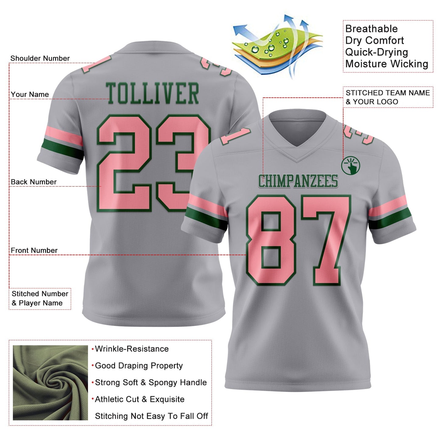 Custom Gray Medium Pink-Green Mesh Authentic Football Jersey - Sky-Custom