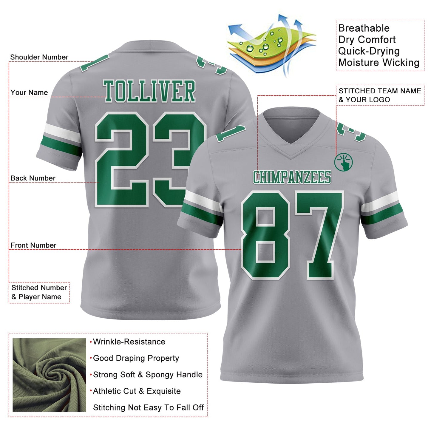 Custom Gray Kelly Green-White Mesh Authentic Football Jersey - Sky-Custom
