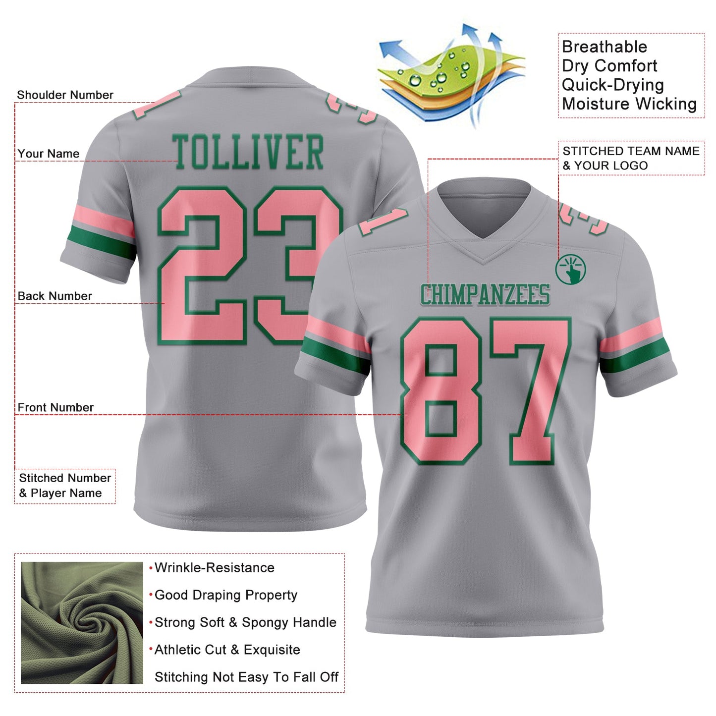 Custom Gray Medium Pink-Kelly Green Mesh Authentic Football Jersey - Sky-Custom