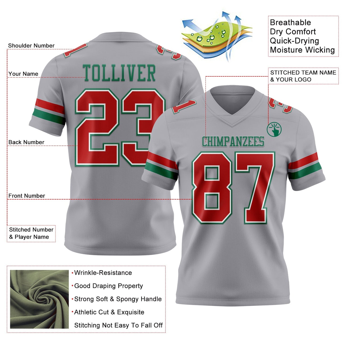 Custom Gray Red White-Kelly Green Mesh Authentic Football Jersey - Sky-Custom