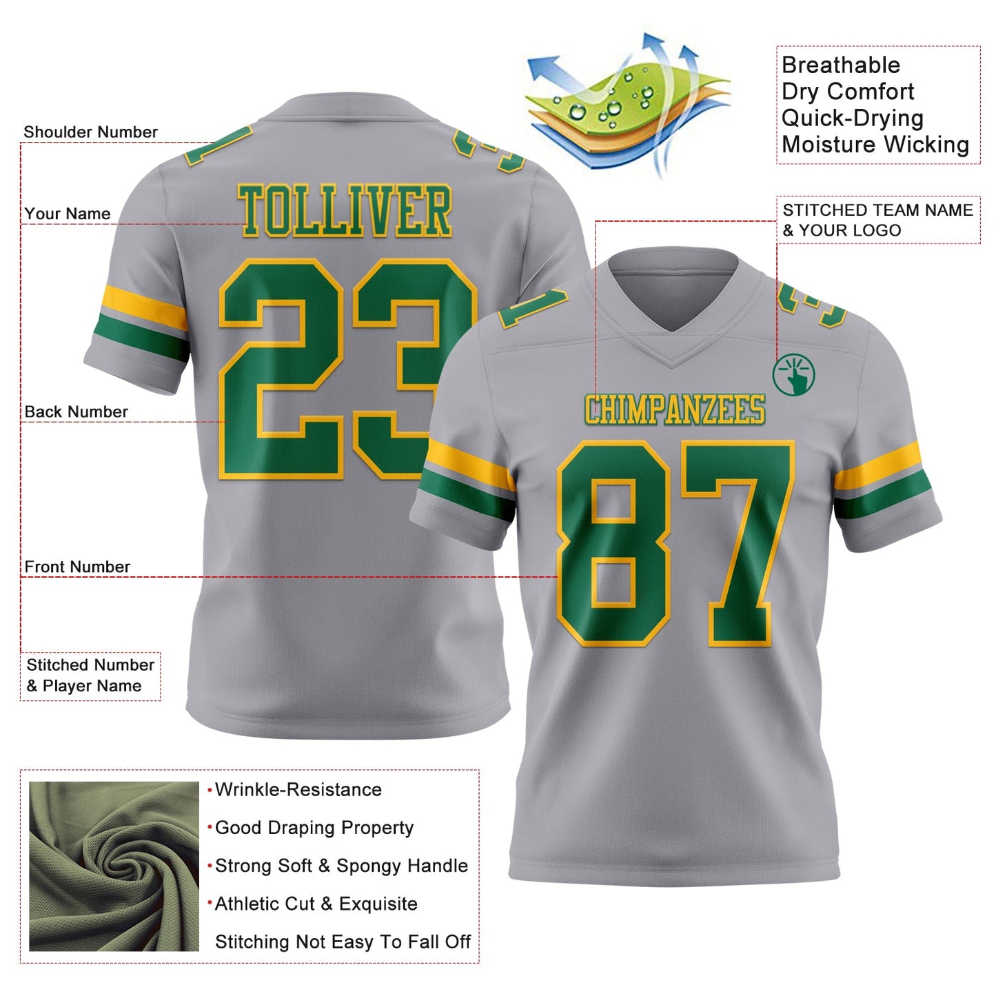 Custom Gray Kelly Green-Gold Mesh Authentic Football Jersey - Sky-Custom