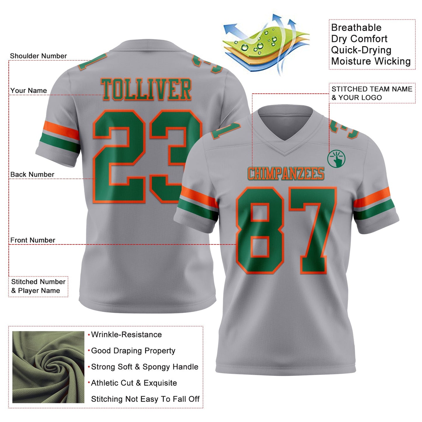 Custom Gray Kelly Green-Orange Mesh Authentic Football Jersey - Sky-Custom