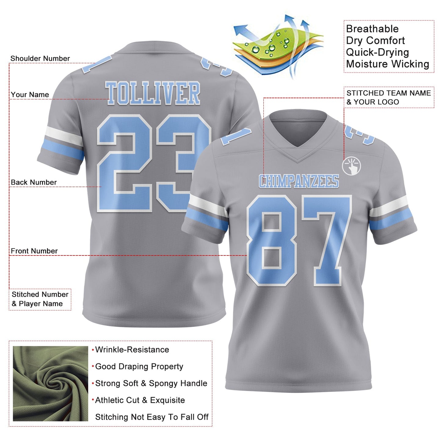 Custom Gray Light Blue-White Mesh Authentic Football Jersey - Sky-Custom