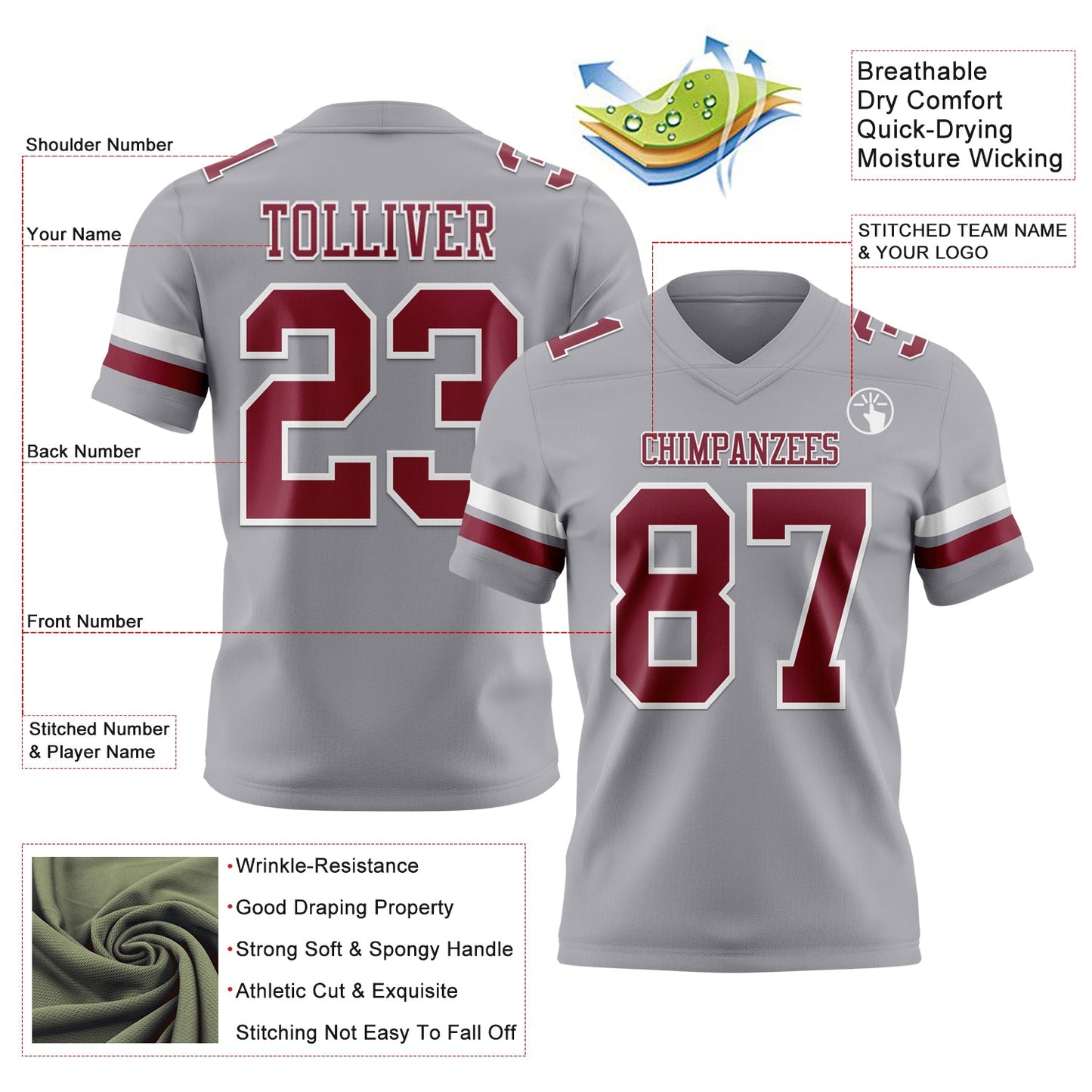 Custom Gray Crimson-White Mesh Authentic Football Jersey - Sky-Custom