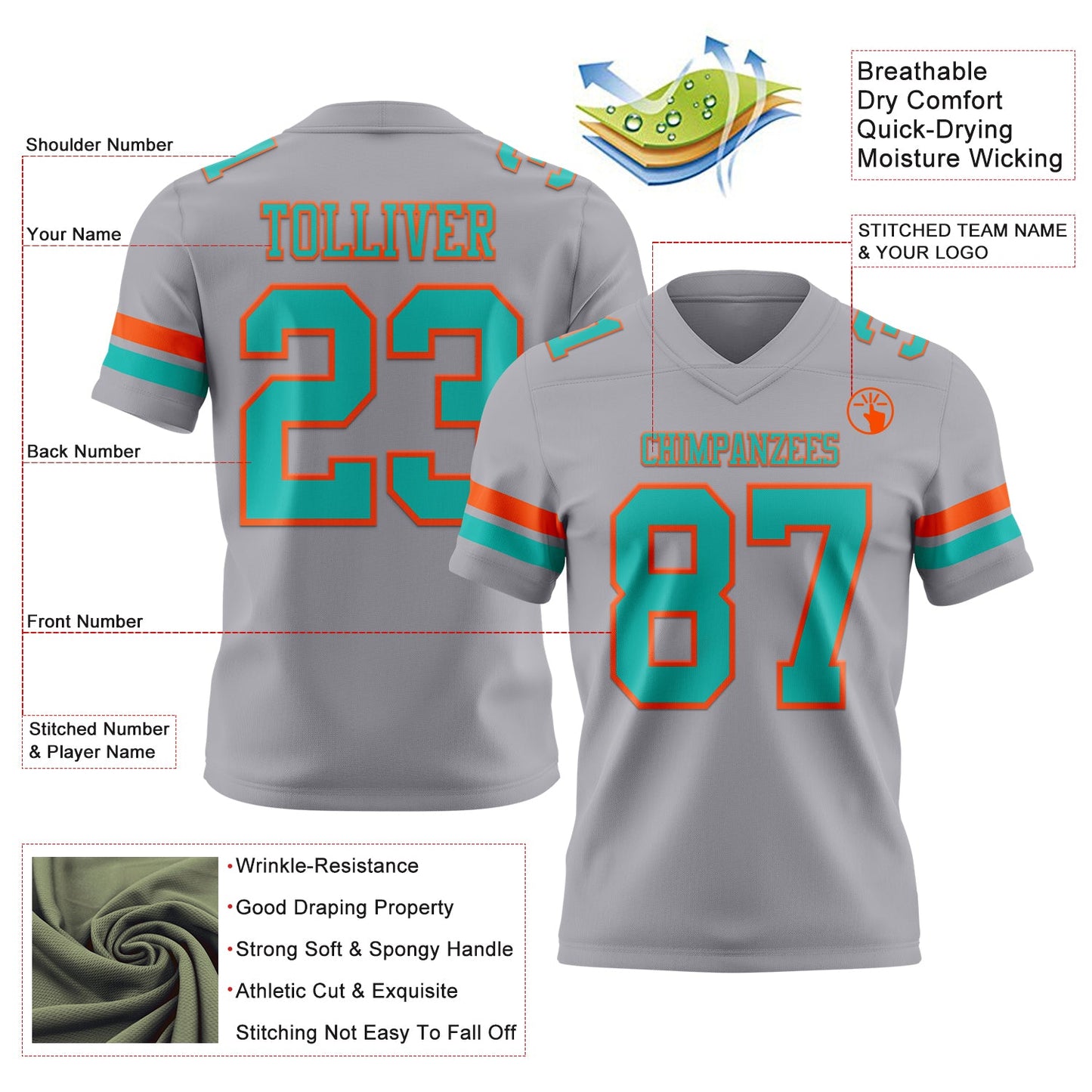 Custom Gray Aqua-Orange Mesh Authentic Football Jersey - Sky-Custom