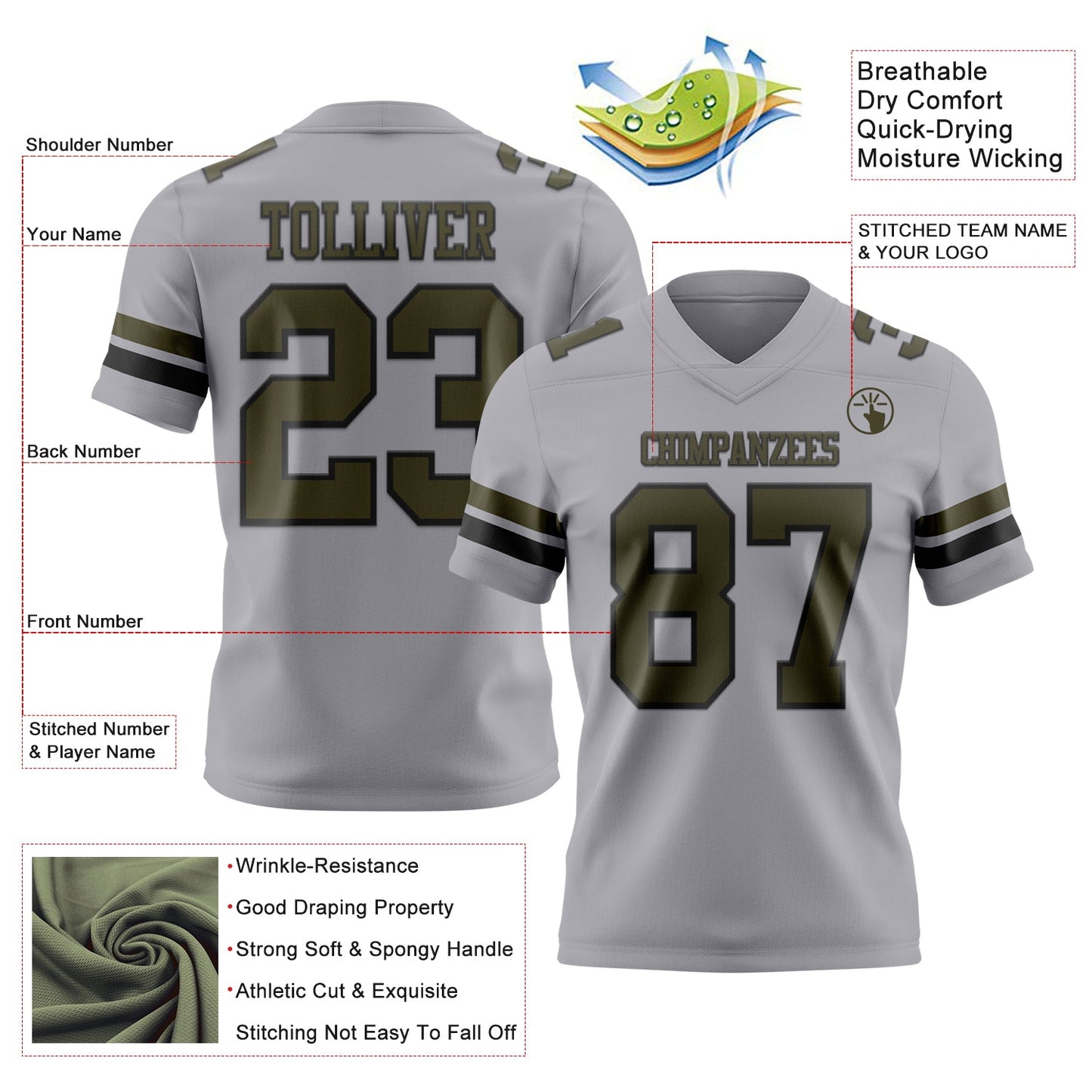Custom Gray Olive-Black Mesh Authentic Football Jersey - Sky-Custom