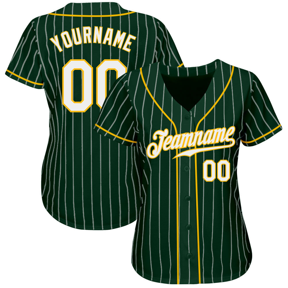 Custom Green White Pinstripe White-Gold Authentic Baseball Jersey - Sky-Custom