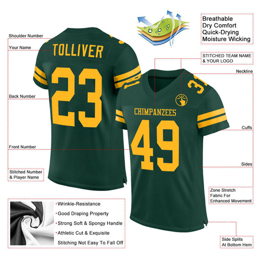 Custom Green Gold Mesh Authentic Football Jersey - Sky-Custom