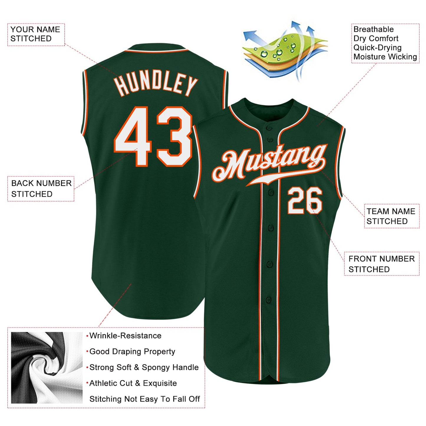 Custom Green White-Orange Authentic Sleeveless Baseball Jersey - Sky-Custom