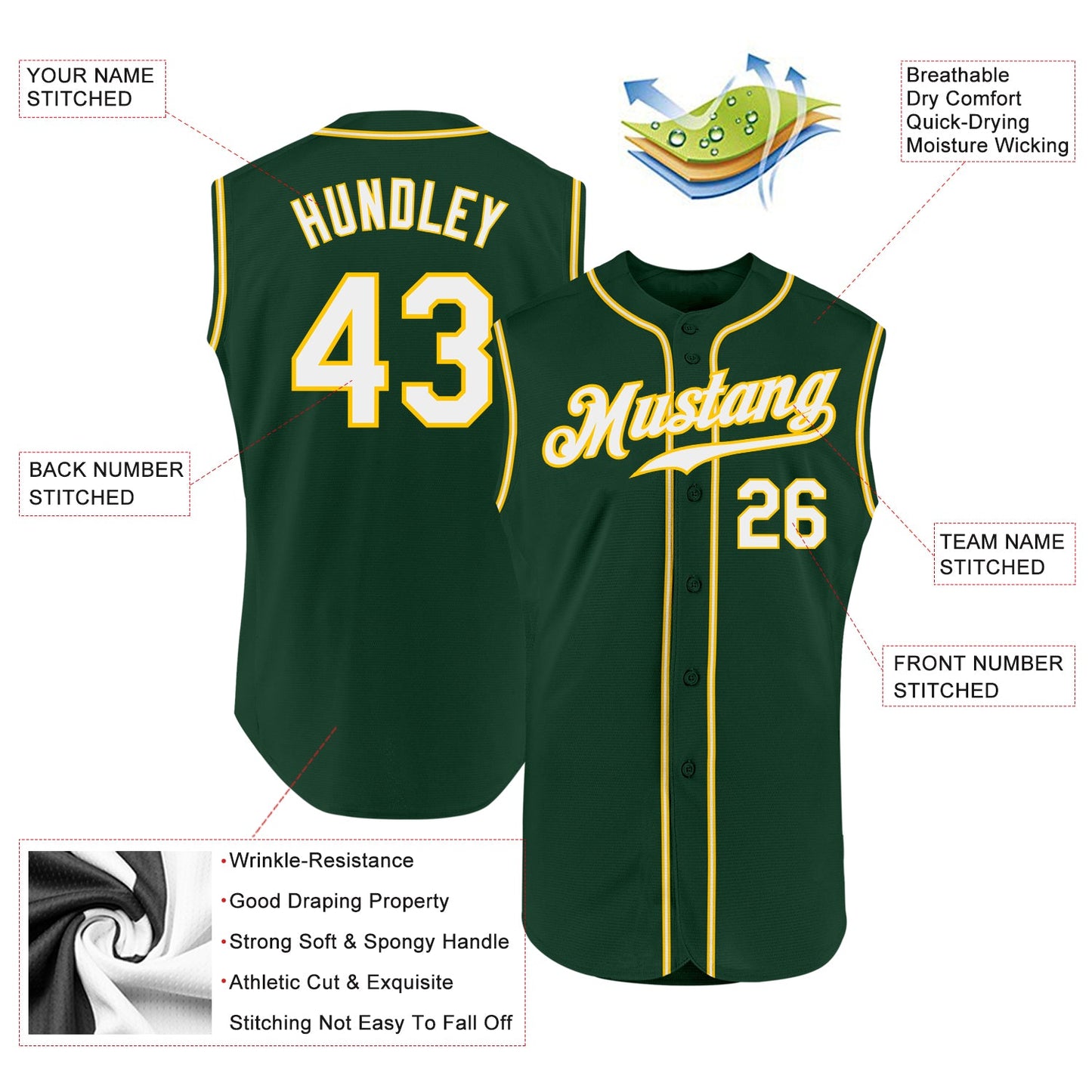 Custom Green White-Gold Authentic Sleeveless Baseball Jersey - Sky-Custom