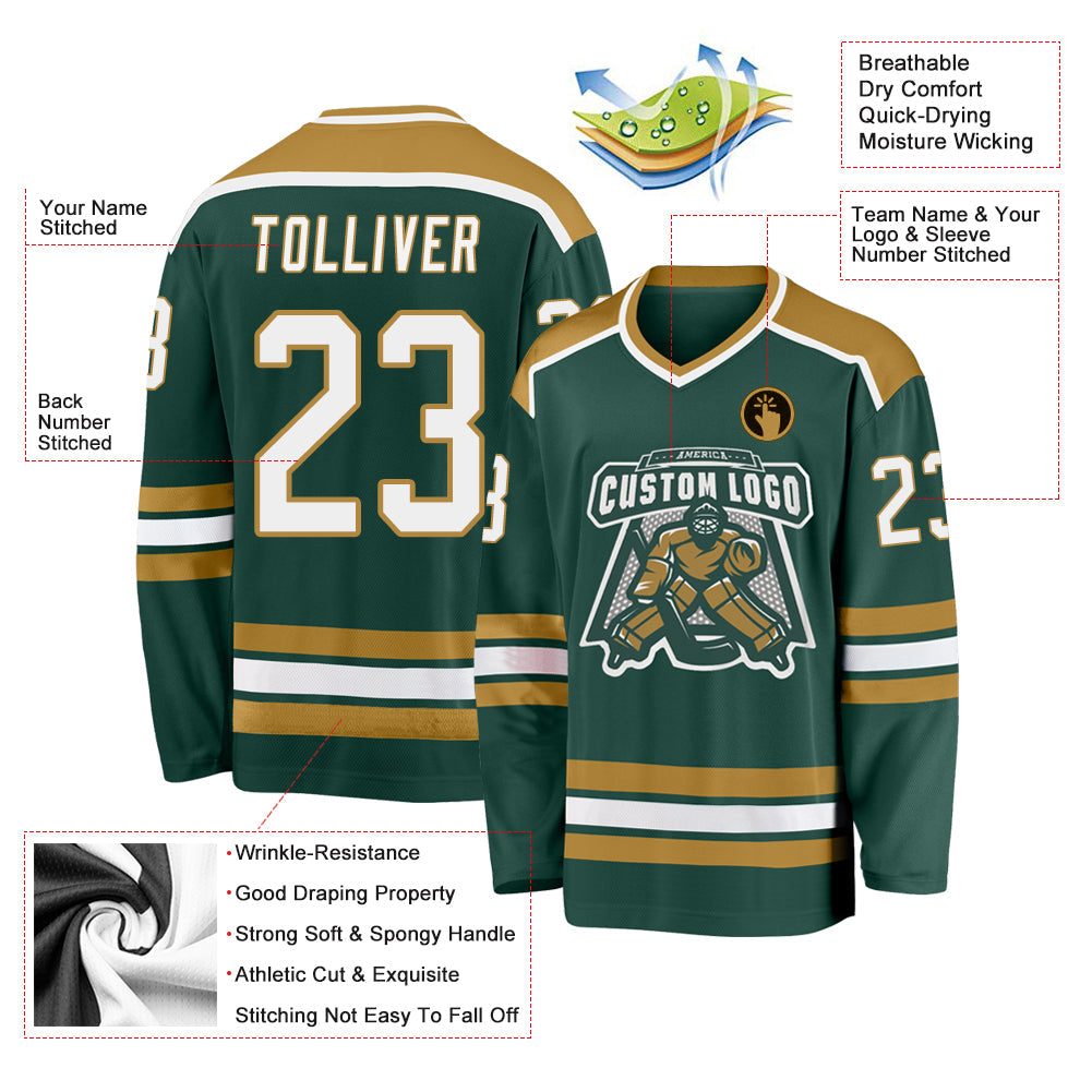 Custom Green White-Old Gold Hockey Jersey - Sky-Custom