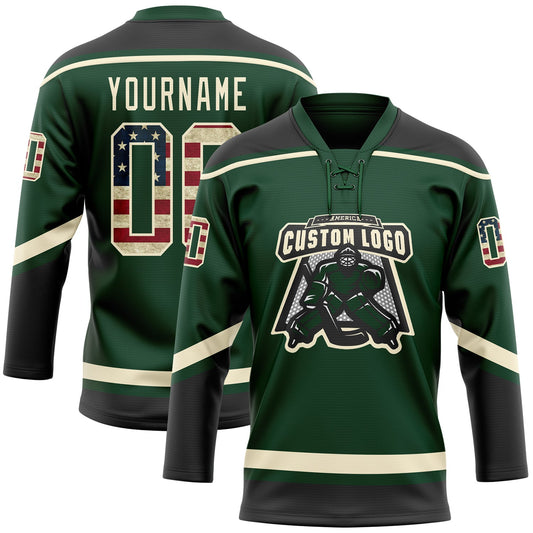 Custom Green Vintage USA Flag Black-Cream Hockey Lace Neck Jersey - Sky-Custom