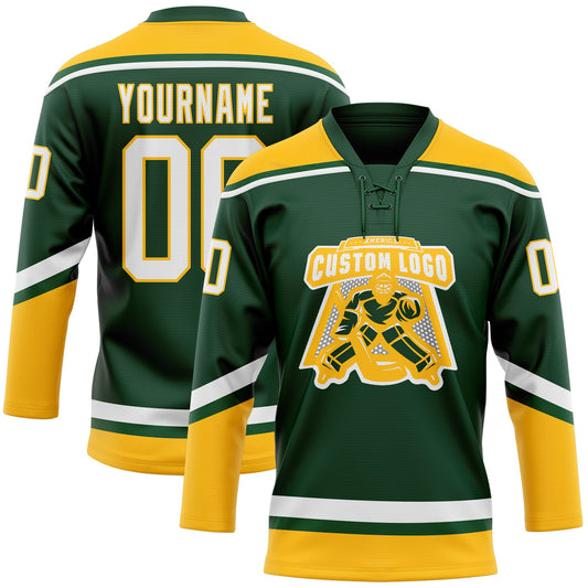 Custom Green White-Gold Hockey Lace Neck Jersey - Sky-Custom