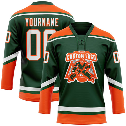 Custom Green White-Orange Hockey Lace Neck Jersey - Sky-Custom