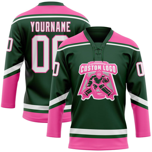 Custom Green White-Pink Hockey Lace Neck Jersey - Sky-Custom