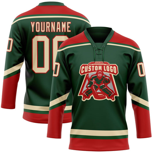 Custom Green City Cream-Red Hockey Lace Neck Jersey - Sky-Custom