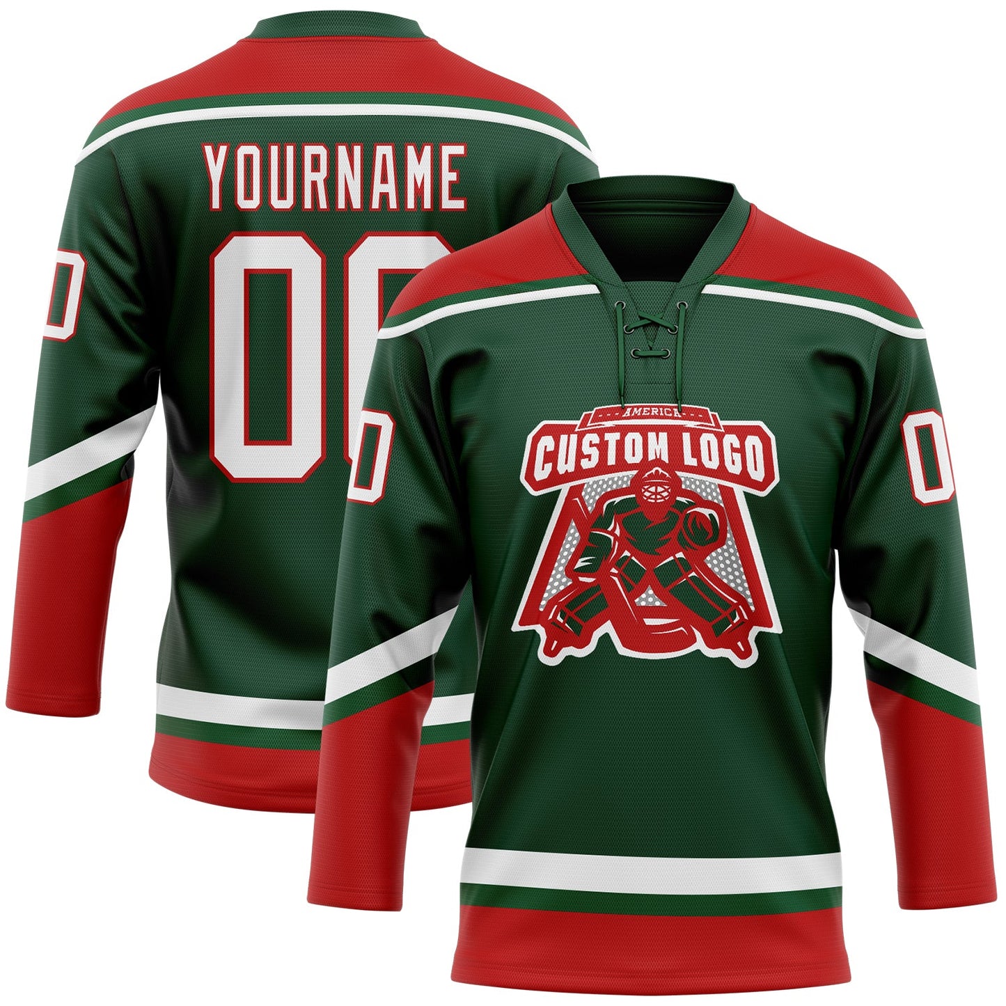 Custom Green White-Red Hockey Lace Neck Jersey - Sky-Custom