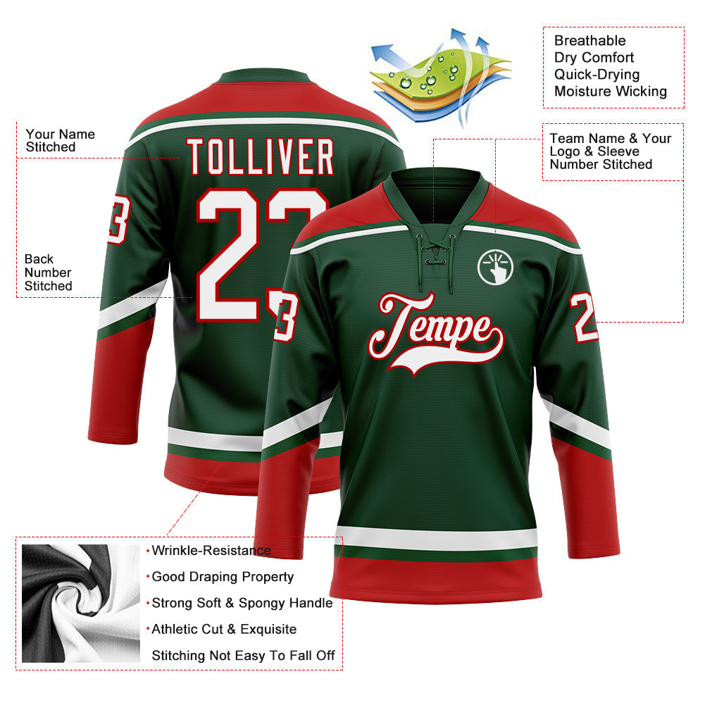 Custom Green White-Red Hockey Lace Neck Jersey - Sky-Custom