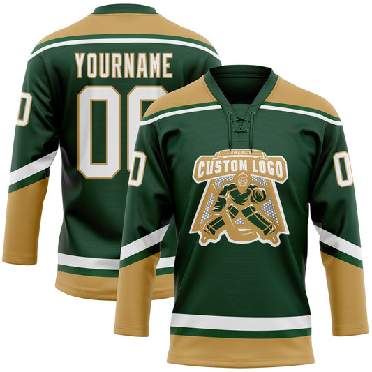 Custom Green White-Old Gold Hockey Lace Neck Jersey - Sky-Custom