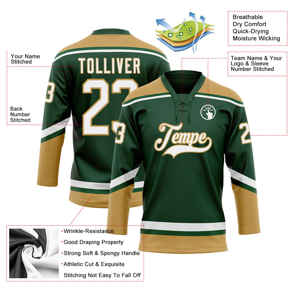Custom Green White-Old Gold Hockey Lace Neck Jersey - Sky-Custom