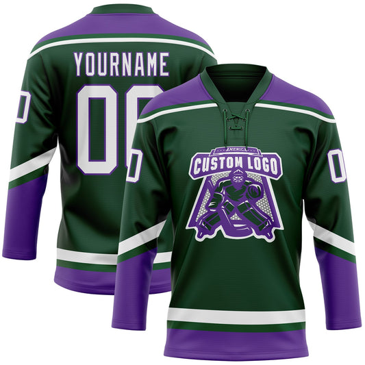 Custom Green White-Purple Hockey Lace Neck Jersey - Sky-Custom