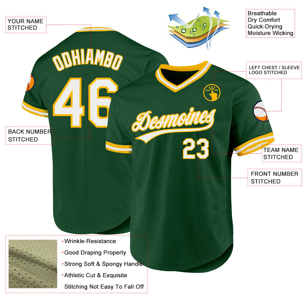 Custom Green White-Gold Authentic Throwback Baseball Jersey - Sky-Custom