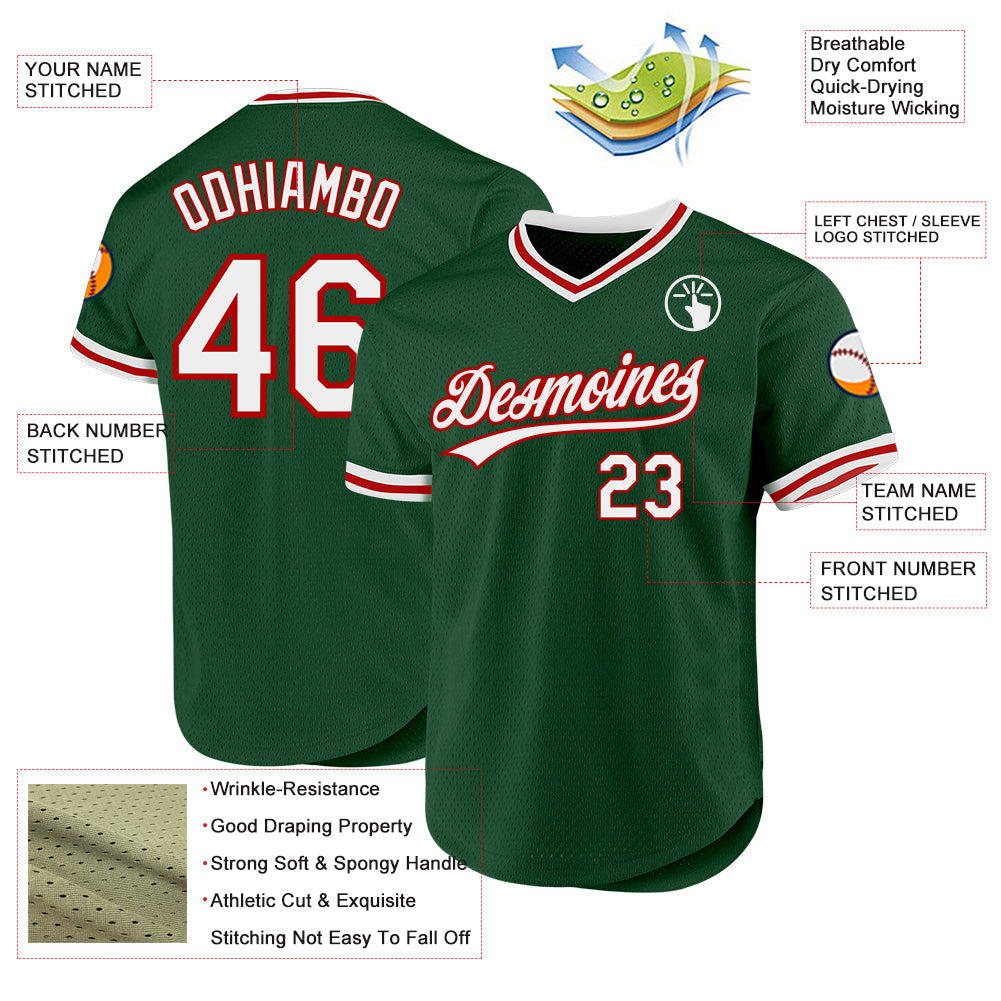 Custom Green White-Red Authentic Throwback Baseball Jersey - Sky-Custom