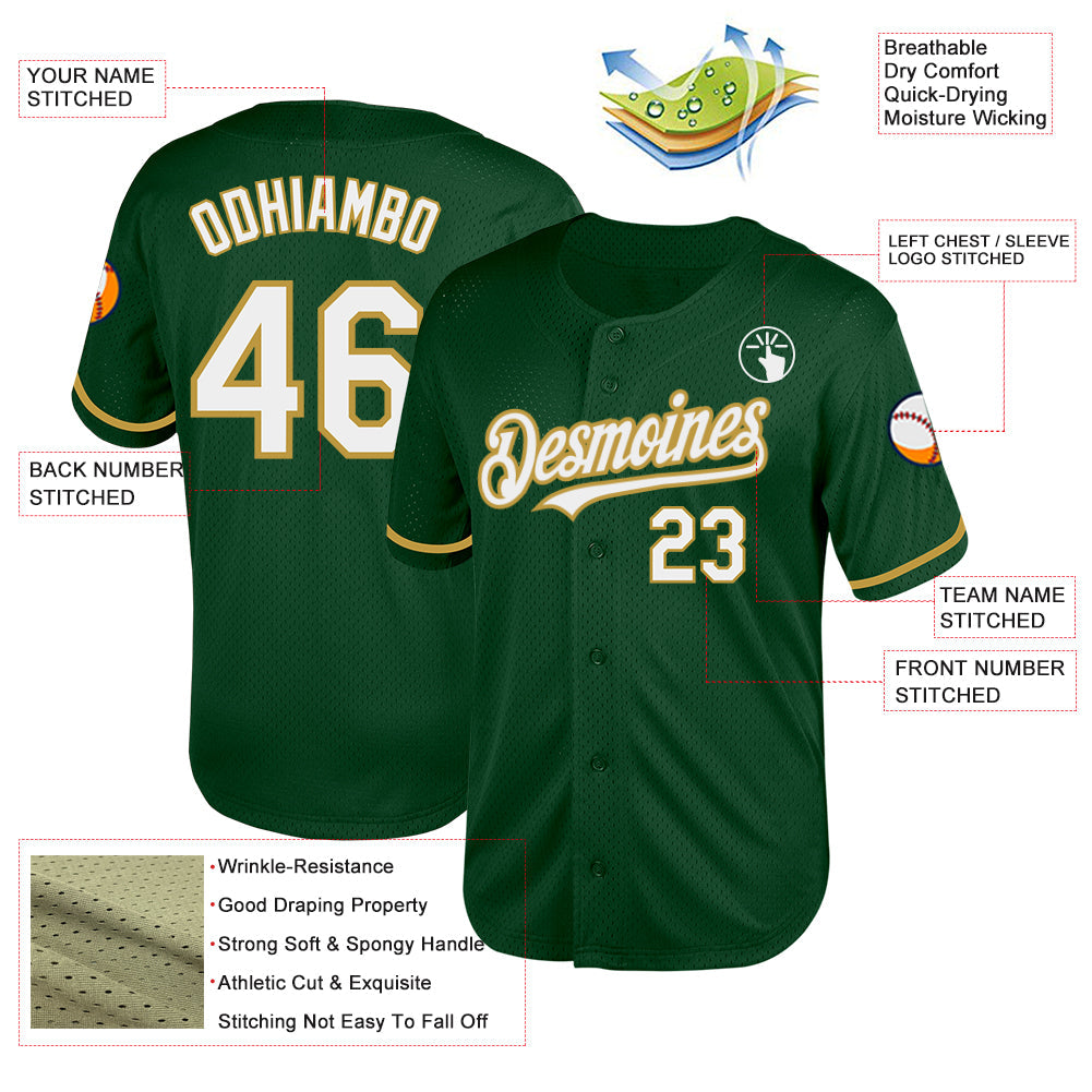 Custom Green White-Old Gold Mesh Authentic Throwback Baseball Jersey - Sky-Custom
