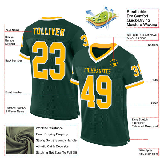 Custom Green Gold-White Mesh Authentic Throwback Football Jersey - Sky-Custom