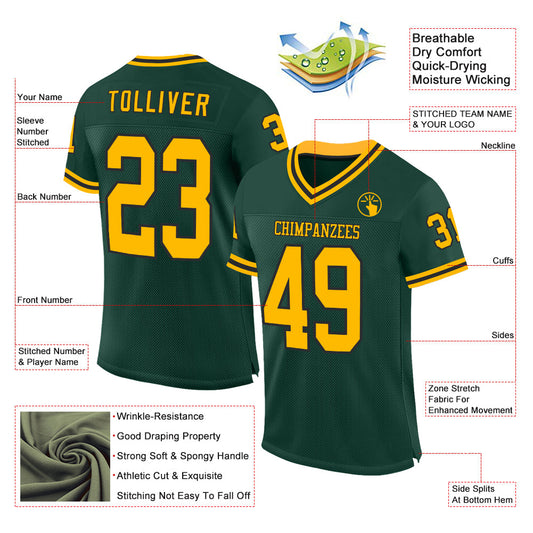 Custom Green Gold-Black Mesh Authentic Throwback Football Jersey - Sky-Custom