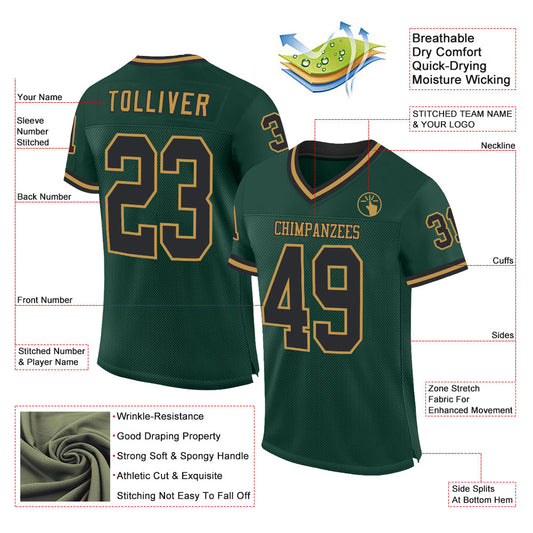Custom Green Black-Old Gold Mesh Authentic Throwback Football Jersey - Sky-Custom