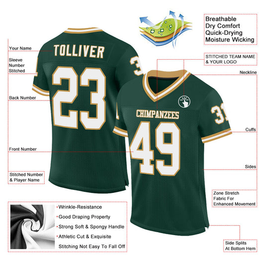 Custom Green White-Old Gold Mesh Authentic Throwback Football Jersey - Sky-Custom