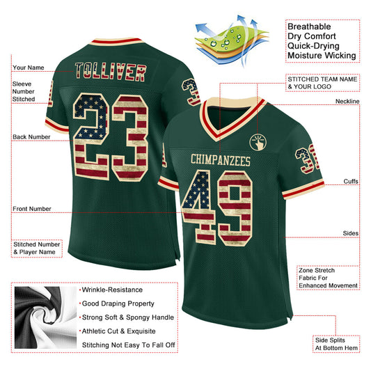 Custom Green Vintage USA Flag Cream-Red Mesh Authentic Throwback Football Jersey - Sky-Custom