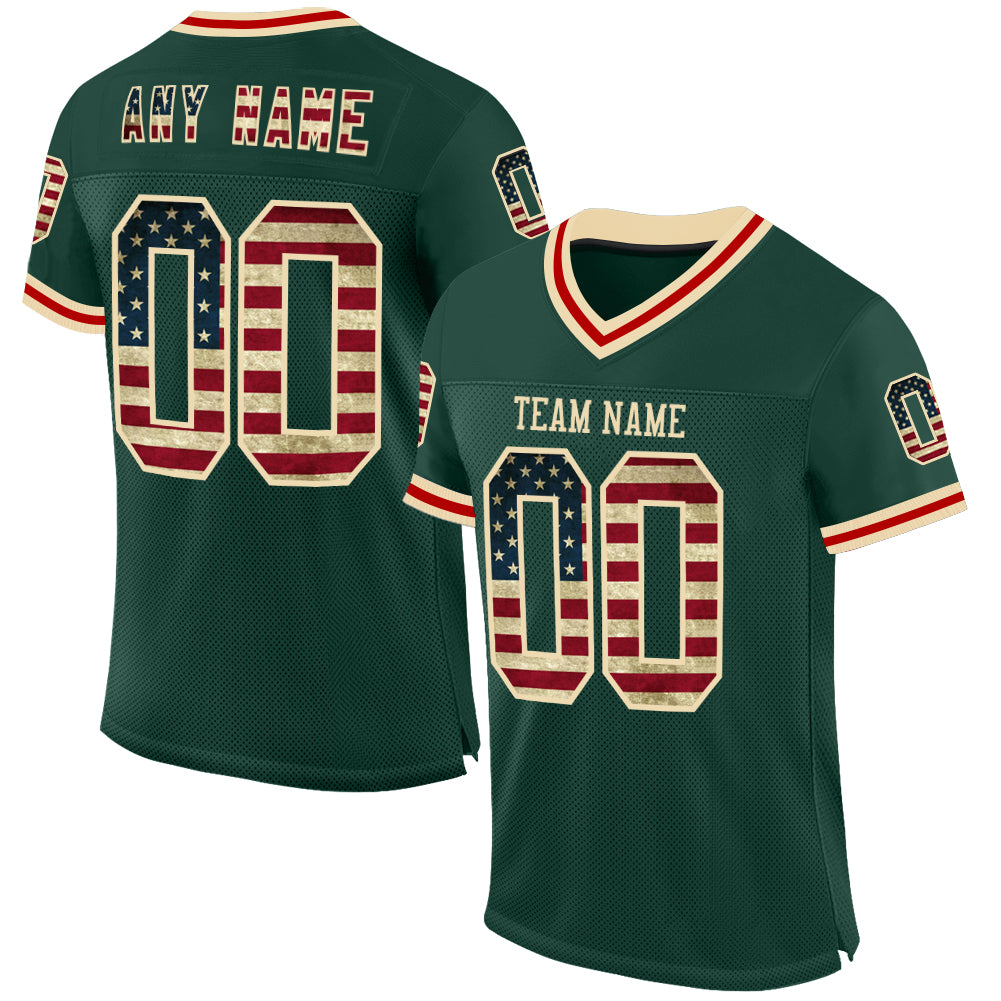 Custom Green Vintage USA Flag Cream-Red Mesh Authentic Throwback Football Jersey - Sky-Custom