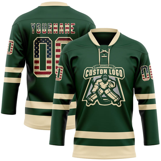Custom Green Vintage USA Flag-Cream Hockey Lace Neck Jersey - Sky-Custom