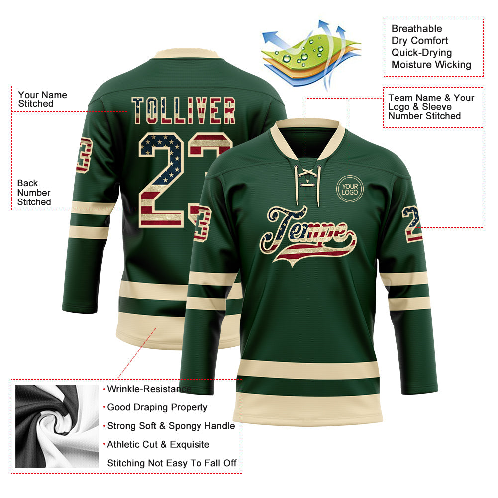 Custom Green Vintage USA Flag-Cream Hockey Lace Neck Jersey - Sky-Custom