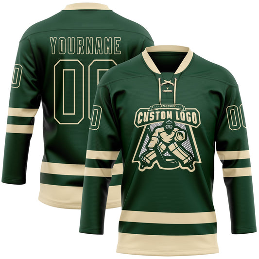 Custom Green Cream Hockey Lace Neck Jersey - Sky-Custom