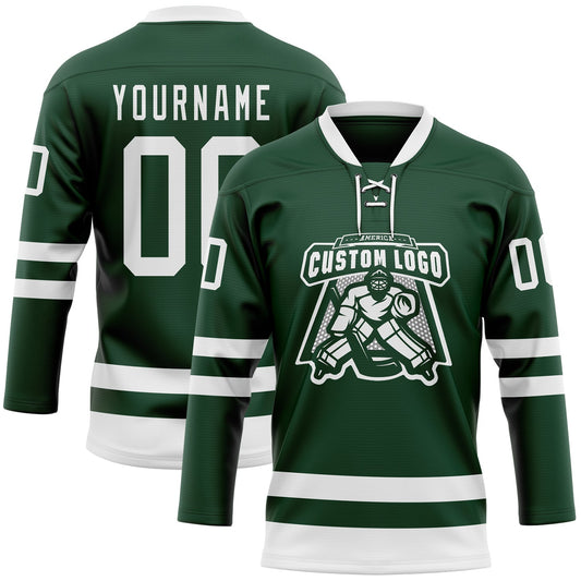 Custom Green White Hockey Lace Neck Jersey - Sky-Custom