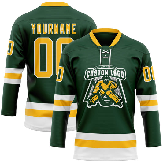 Custom Green Gold-White Hockey Lace Neck Jersey - Sky-Custom