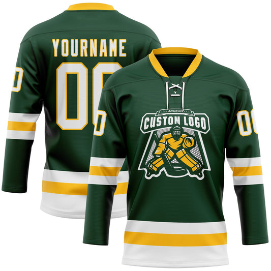 Custom Green White-Gold Hockey Lace Neck Jersey - Sky-Custom