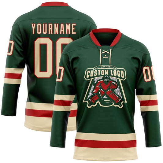 Custom Green Cream-Red Hockey Lace Neck Jersey - Sky-Custom