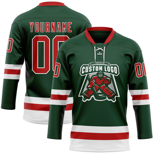 Custom Green Red-White Hockey Lace Neck Jersey - Sky-Custom