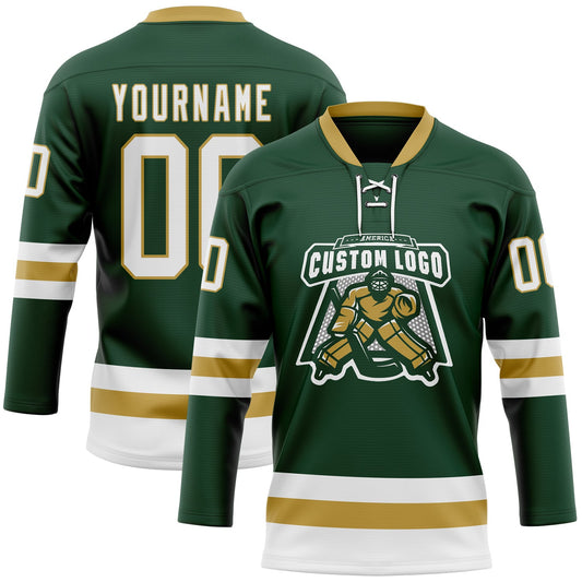Custom Green White-Old Gold Hockey Lace Neck Jersey - Sky-Custom