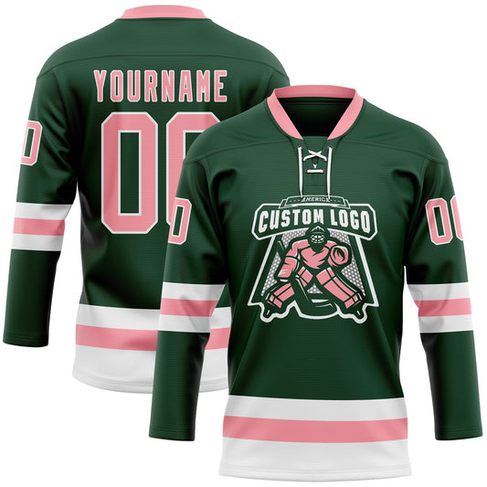 Custom Green Medium Pink-White Hockey Lace Neck Jersey - Sky-Custom