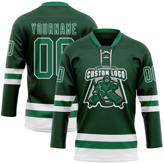 Custom Green Kelly Green-White Hockey Lace Neck Jersey - Sky-Custom