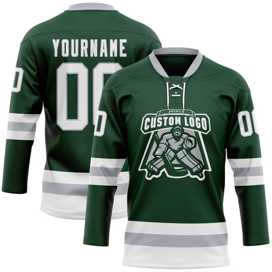 Custom Green White-Gray Hockey Lace Neck Jersey - Sky-Custom