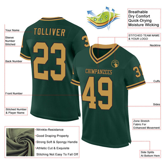 Custom Green Old Gold-Black Mesh Authentic Throwback Football Jersey - Sky-Custom