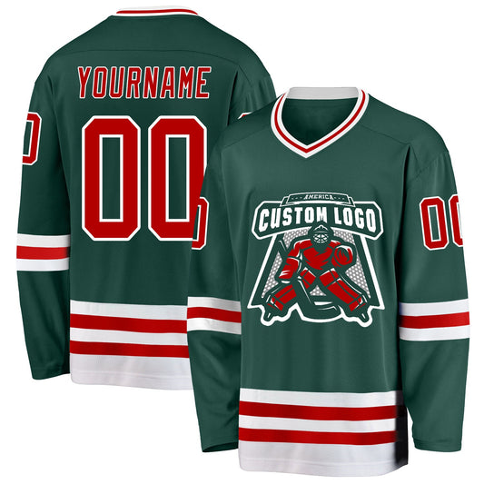 Custom Green Red-White Hockey Jersey - Sky-Custom
