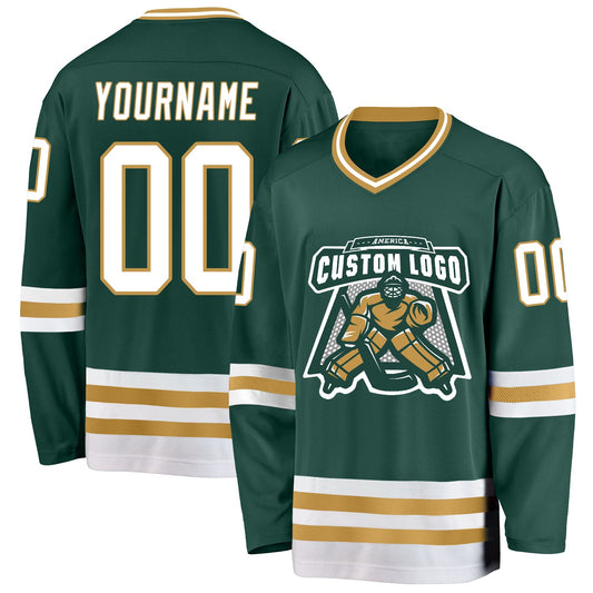 Custom Green White-Old Gold Hockey Jersey - Sky-Custom