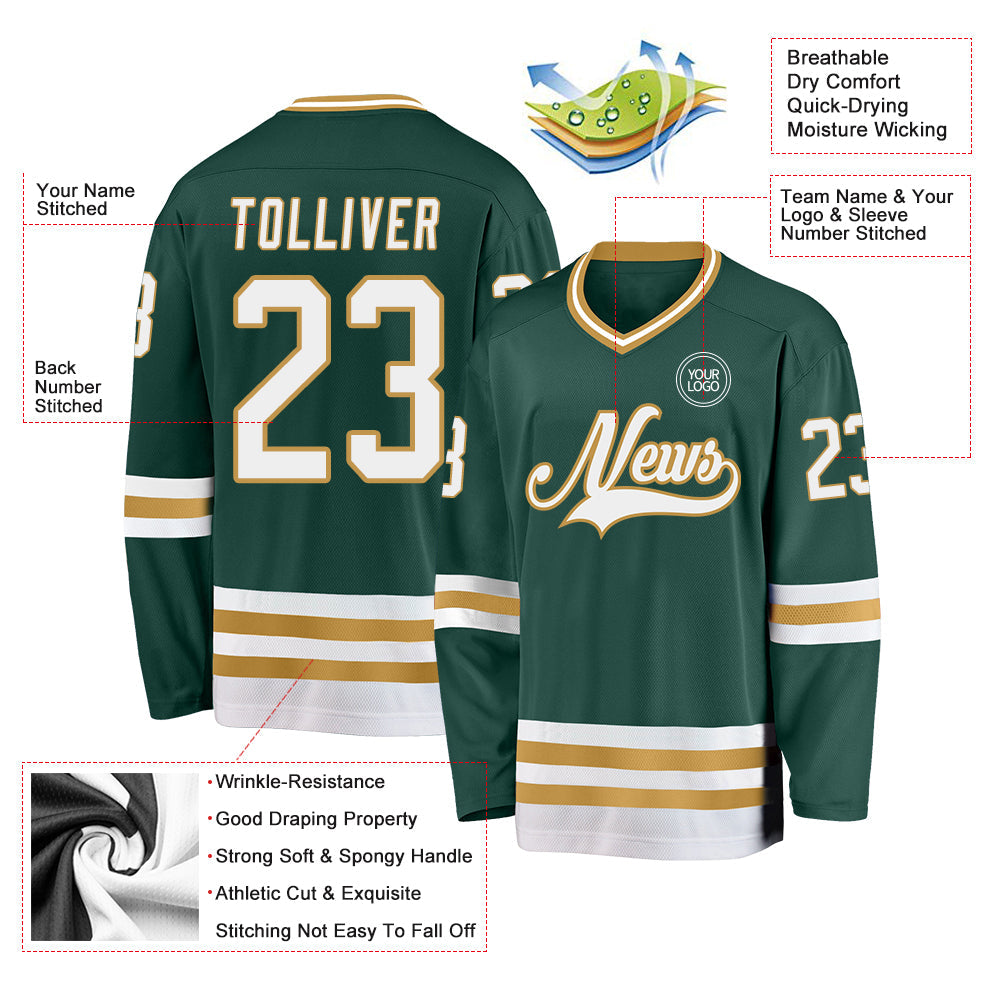 Custom Green White-Old Gold Hockey Jersey - Sky-Custom
